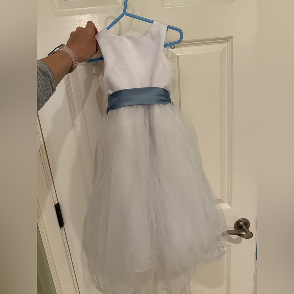 Davids Bridal white satin flower girl dress with tulle skirt and bow sash